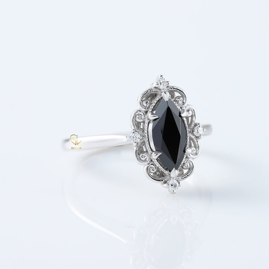 Black Marquise Cut Moissanite Vintage Engagement Ring