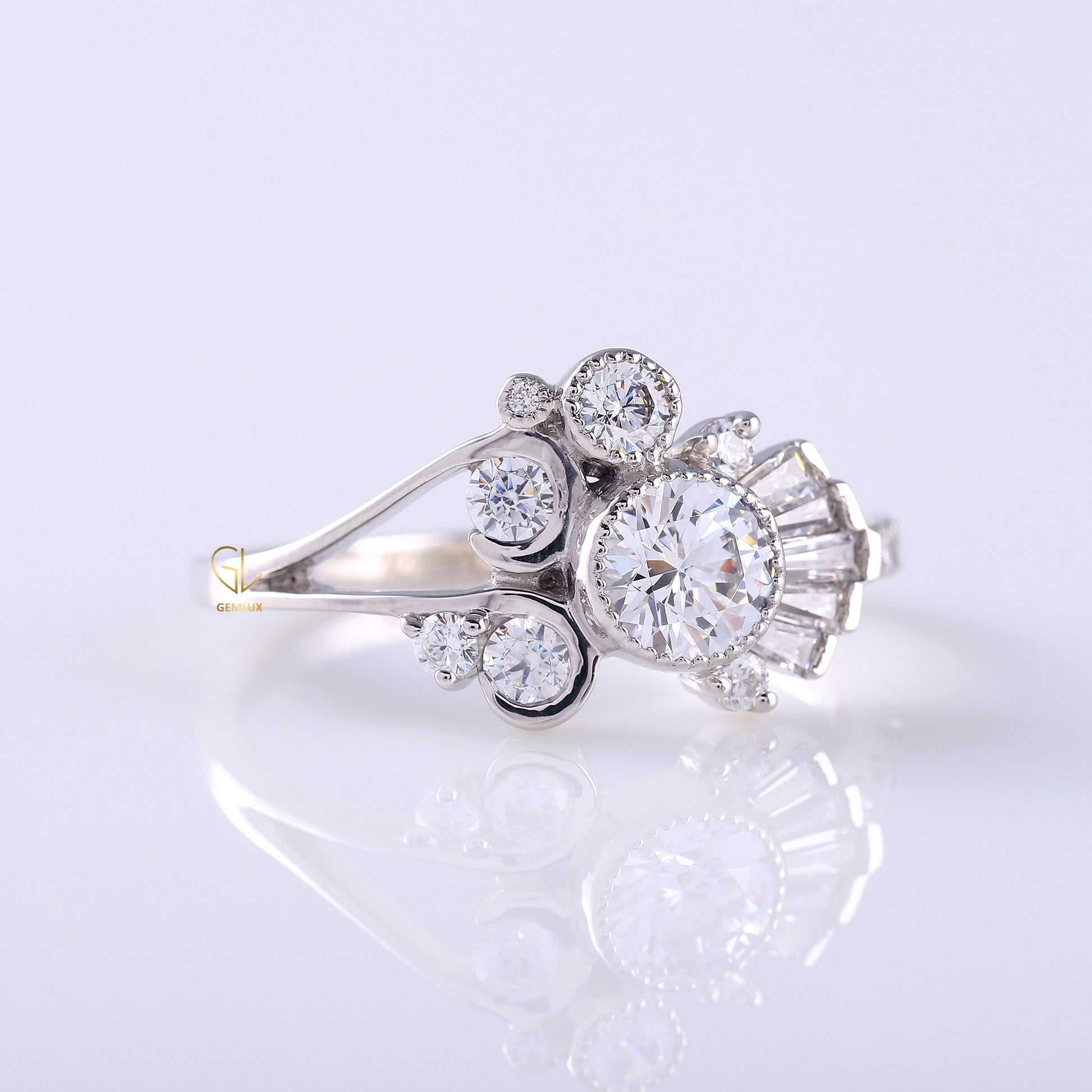 Round Moissanite Bezel Set Cluster Ring, unique design ring