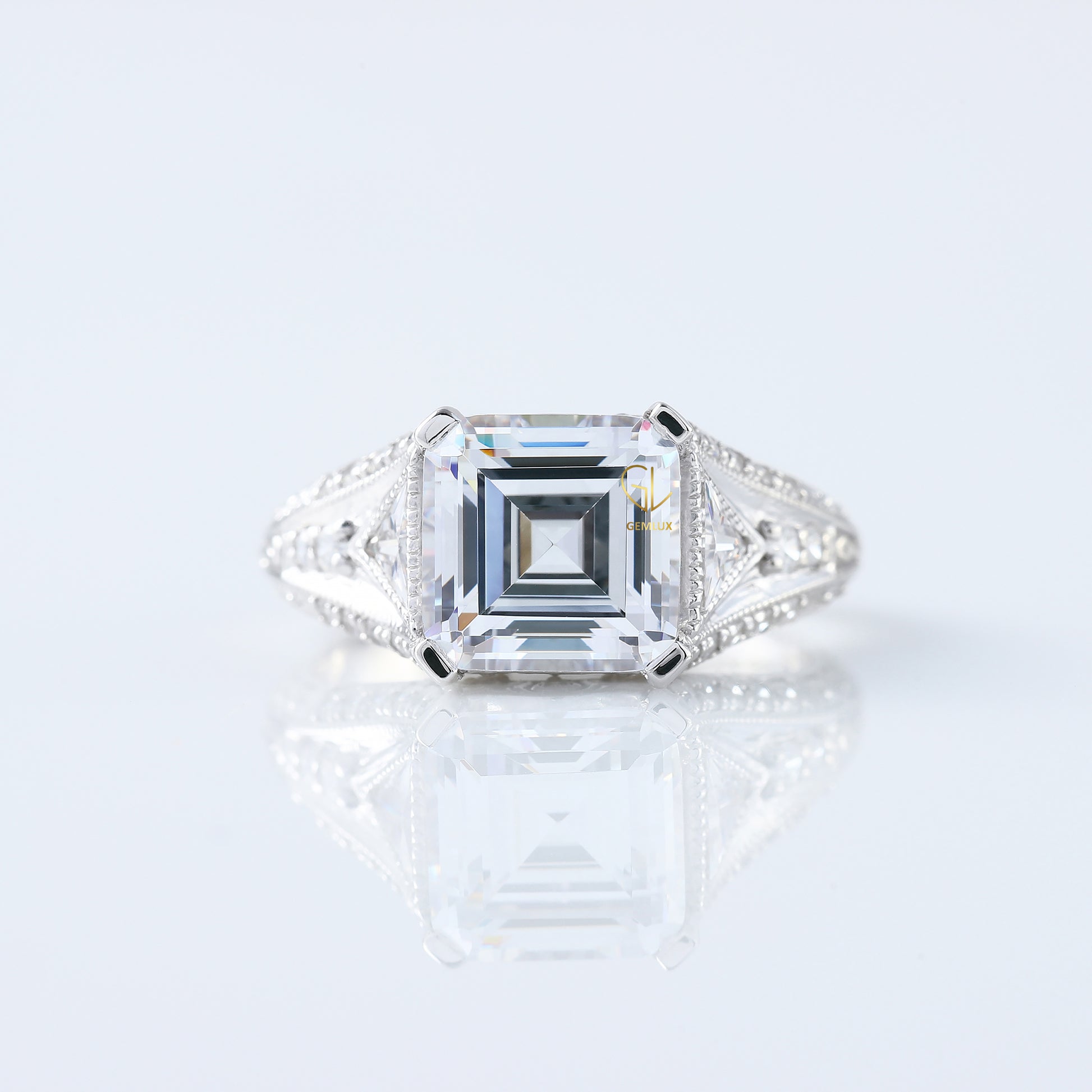 Vintage Art Deco Asscher Cut Moissanite Diamond Engagement Ring