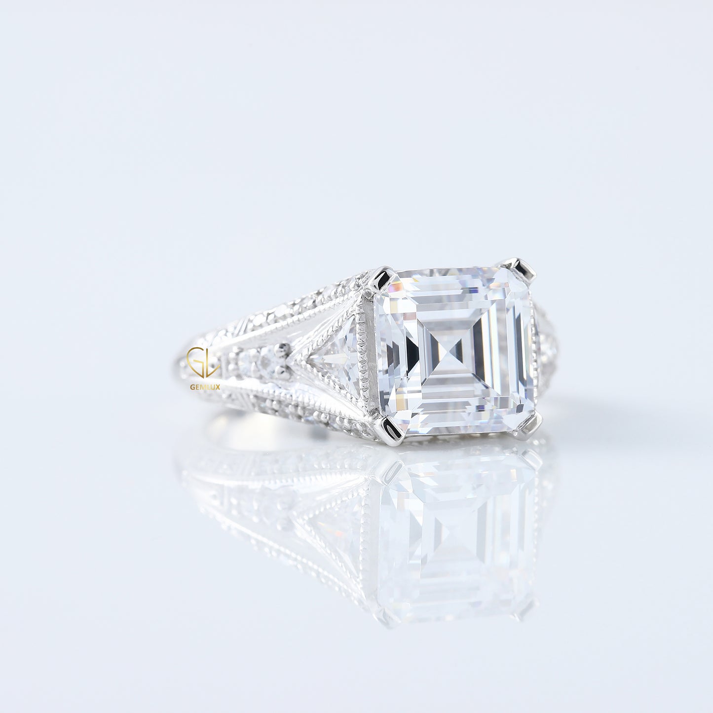 Vintage Art Deco Asscher Cut Moissanite Diamond Engagement Ring