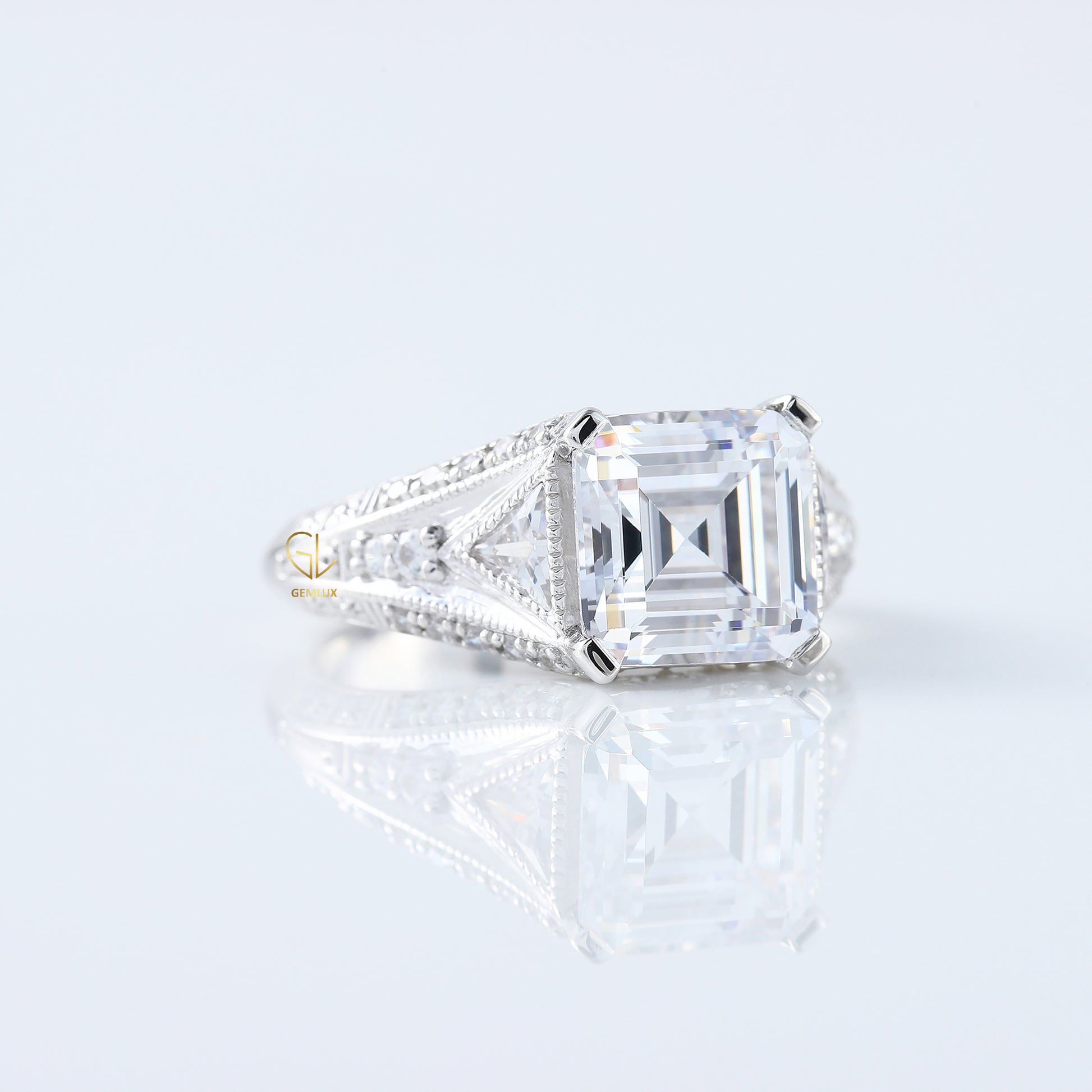 Vintage Art Deco Asscher Cut Moissanite Diamond Engagement Ring