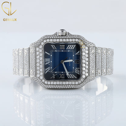 Square Roman Dial Blue Face Iced Out Certified Lab Grown Watch