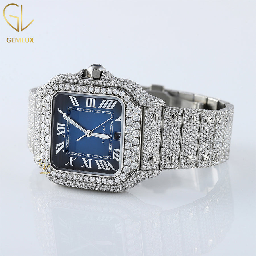 Iced Out Roman Blue Dial D VVS Moissanite Watch