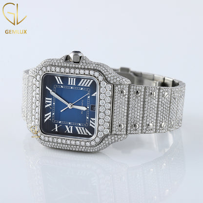 Square Roman Dial Blue Face Iced Out Certified Lab Grown Watch