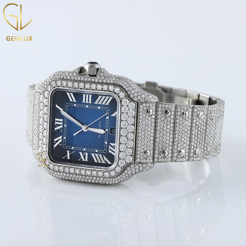 Square Roman Dial Blue Face Iced Out Certified Lab Grown Watch
