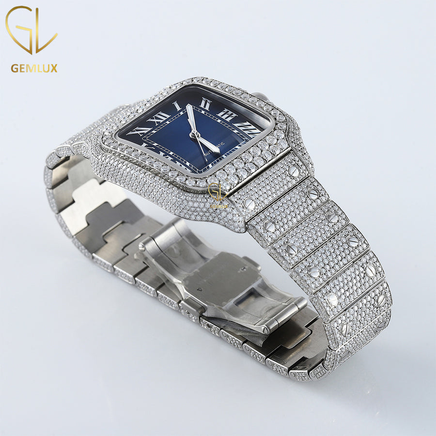 Iced Out Roman Blue Dial D VVS Moissanite Watch