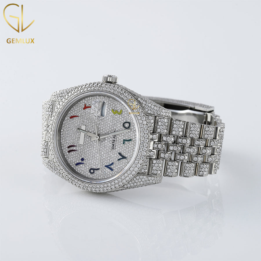 Iced Out VVS Moissanite Diamond Rainbow Arabic Dial Hiphop Wrist Watch