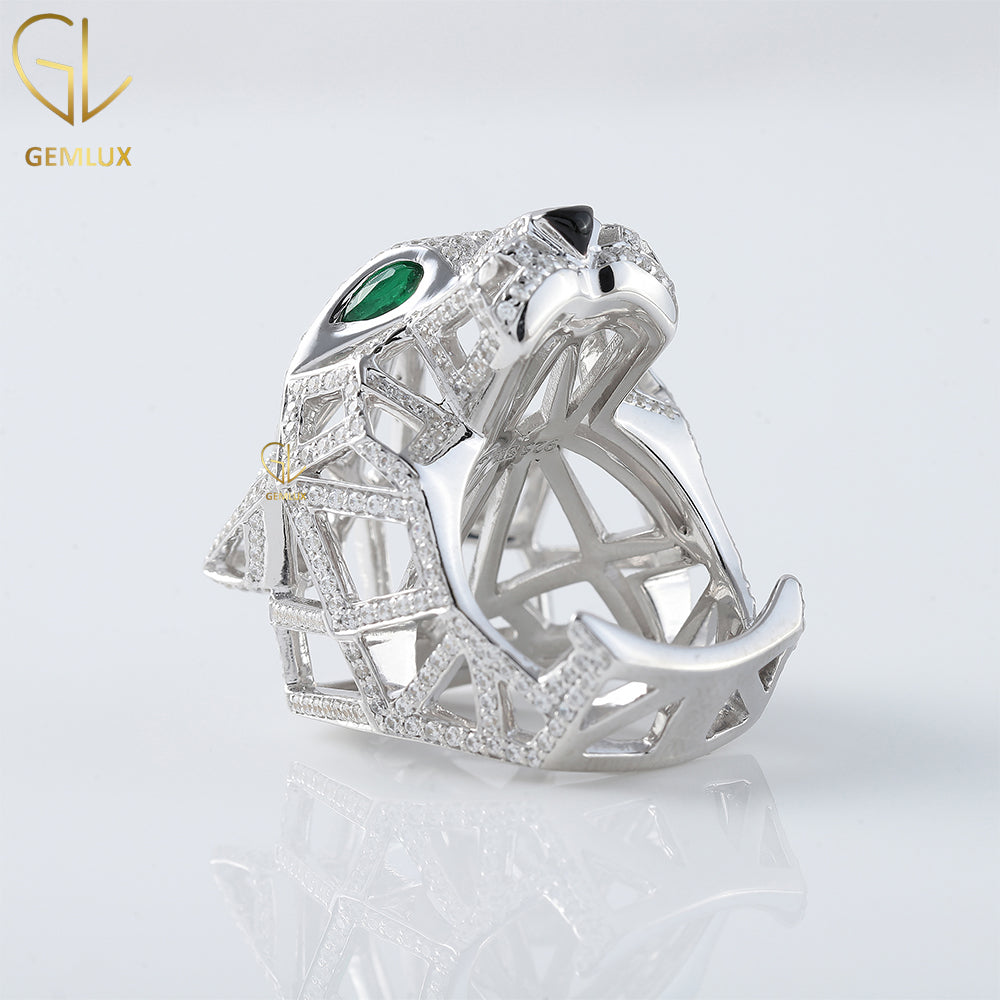 Green Emerald Eye Iced Out Moissanite Diamond Hip Hop Style Panther Ring 