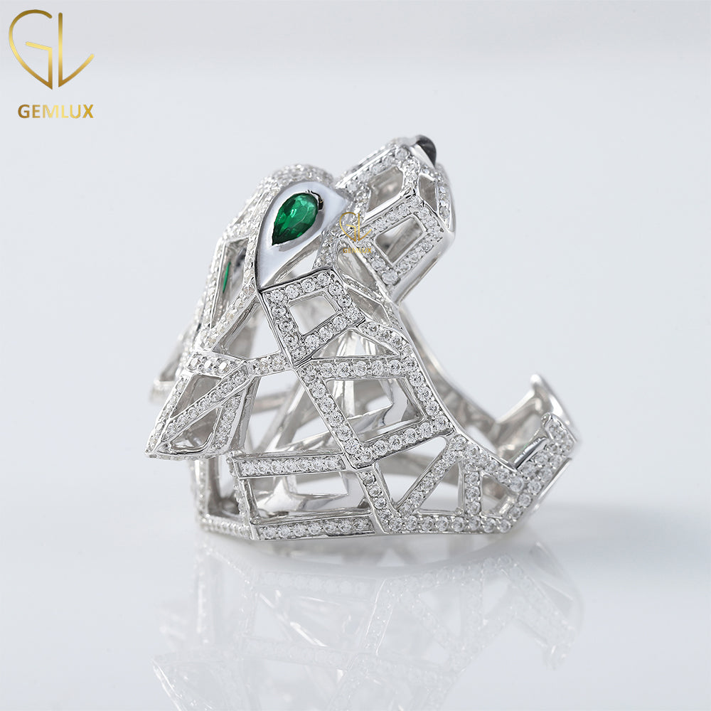 Green Emerald Eye Iced Out Moissanite Diamond Hip Hop Style Panther Ring 