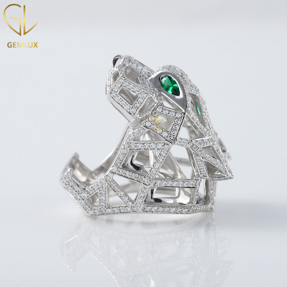 Green Emerald Eye Iced Out Moissanite Diamond Hip Hop Style Panther Ring 