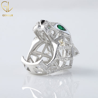 Green Emerald Eye Iced Out Moissanite Diamond Hip Hop Style Panther Ring 