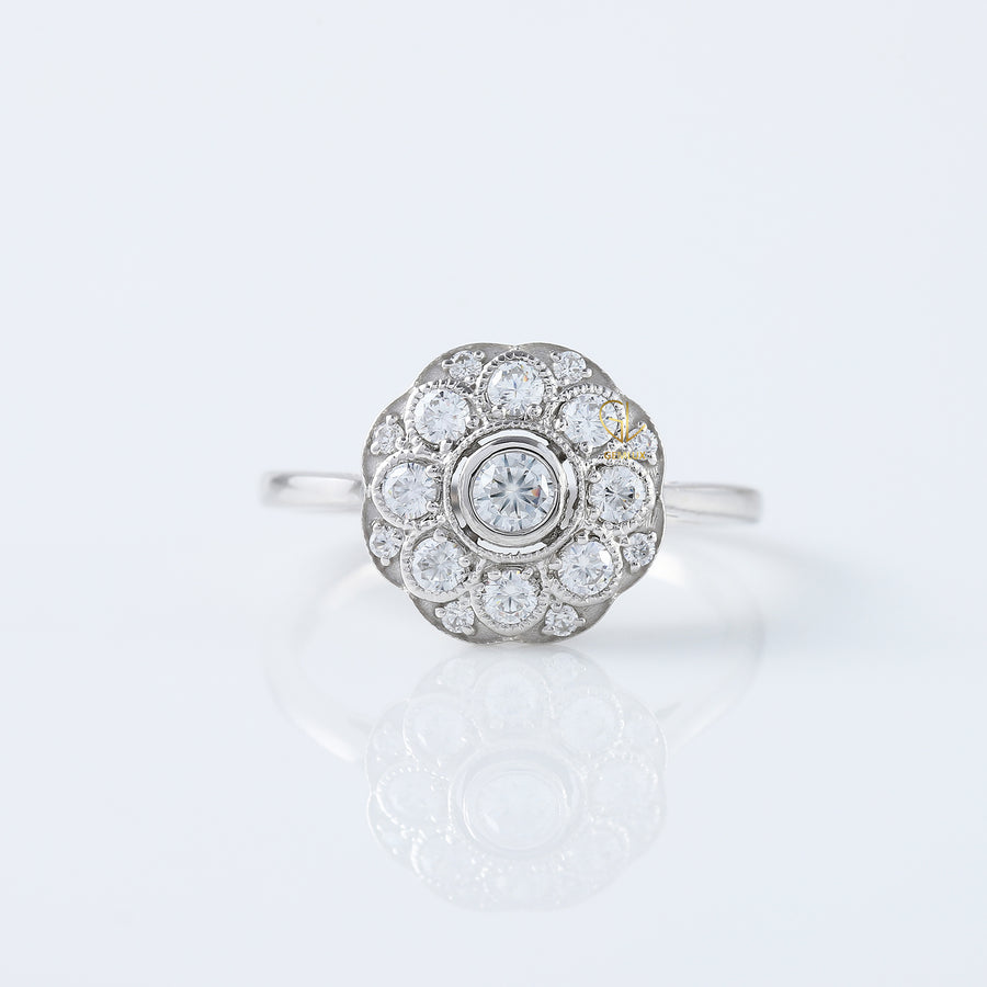 Round Moissanite Bezel Set Art Deco Ring