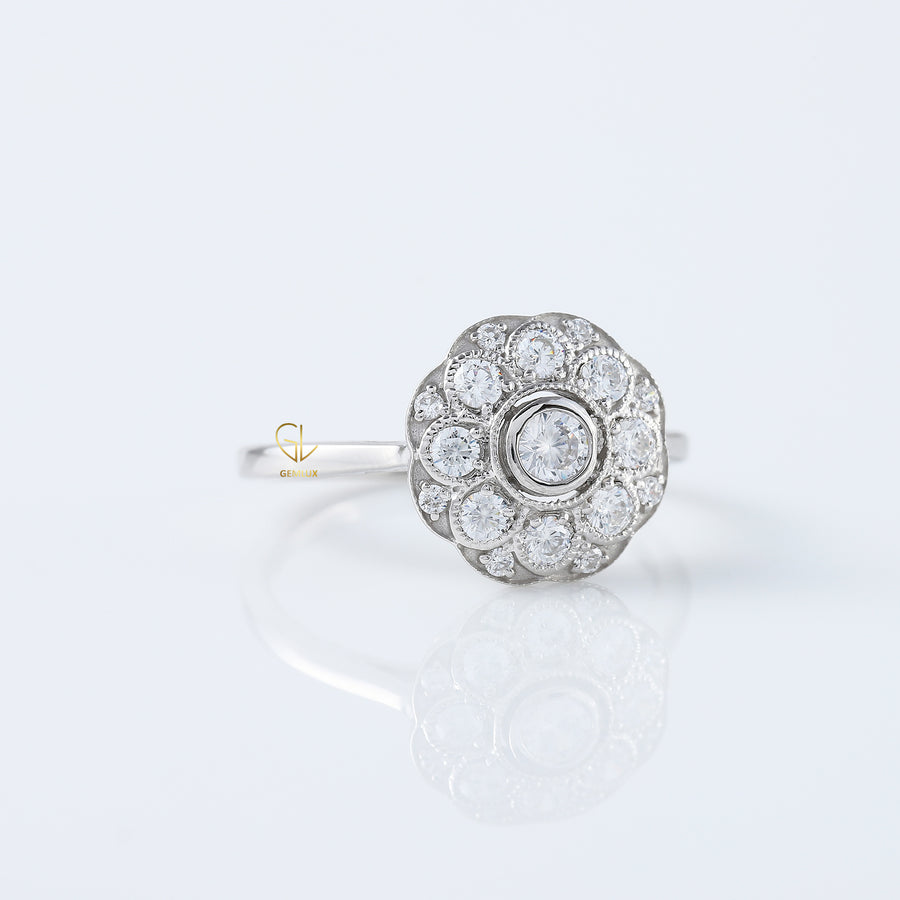 Round Moissanite Bezel Set Art Deco Ring