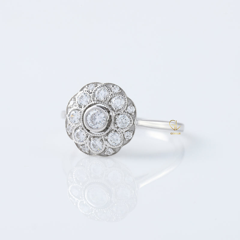 Round Moissanite Bezel Set Art Deco Ring