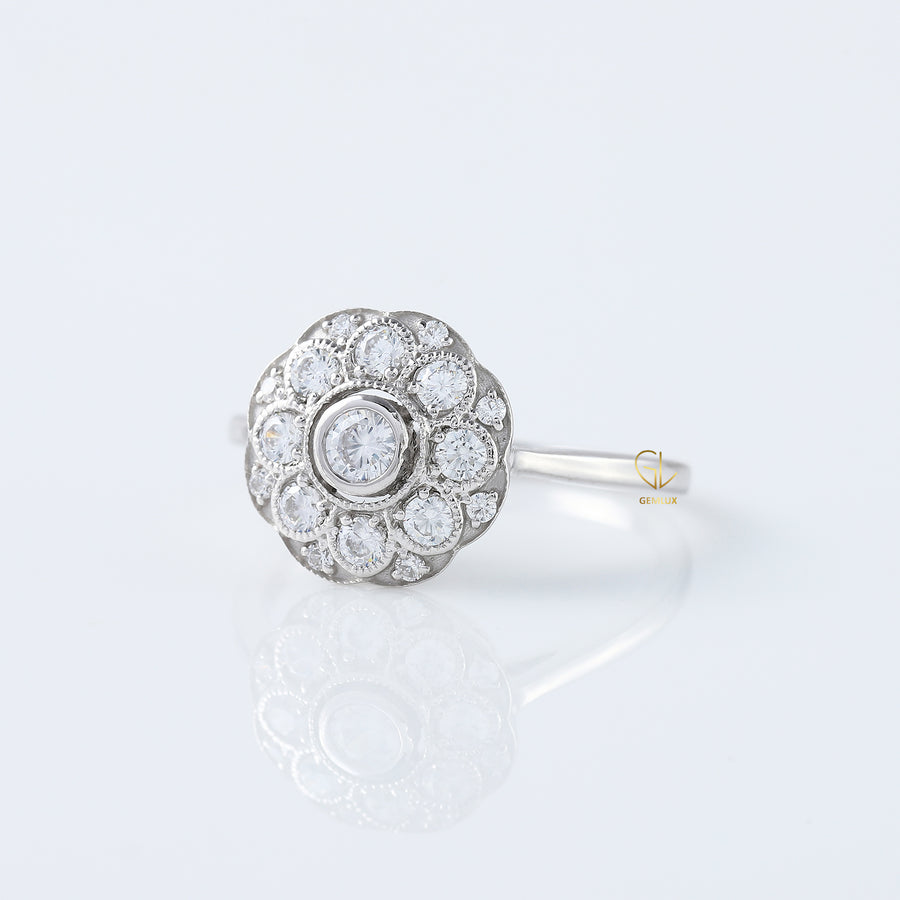 Round Moissanite Bezel Set Art Deco Ring