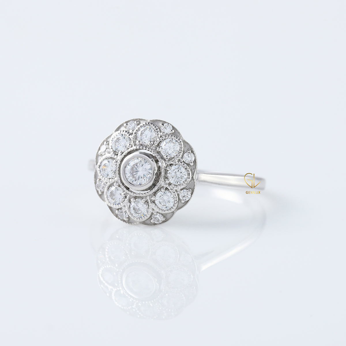 Art Deco Round Cut Lab Grown Diamond Floral Halo Engagement Ring