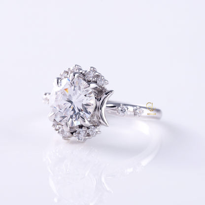 Round Moissanite Celestial Engagement Ring