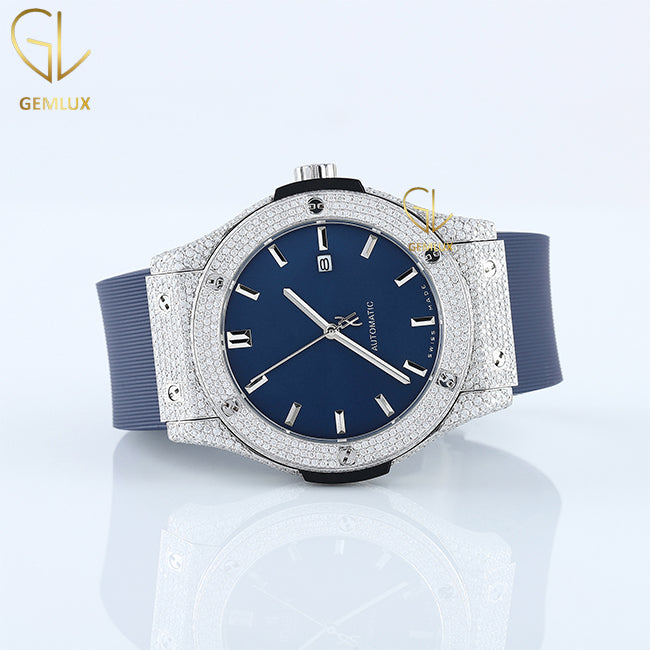 D VVS Moissanite Blue Dial Rubber Strap Hip Hop Watch