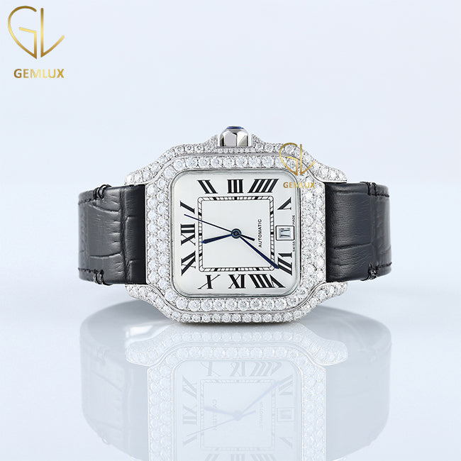 VVS Moissanite Diamond Black Leather Strap Hip Hop Watch