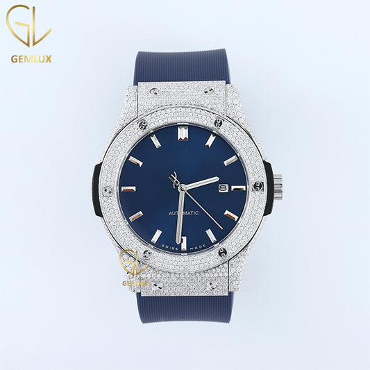 Automatic Movement Moissanite Blue Dial Rubber Strap Hip Hop Watch