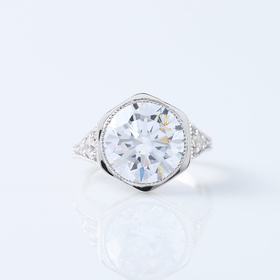 Bezel Set Round Moissanite Milgrain Art Deco Ring