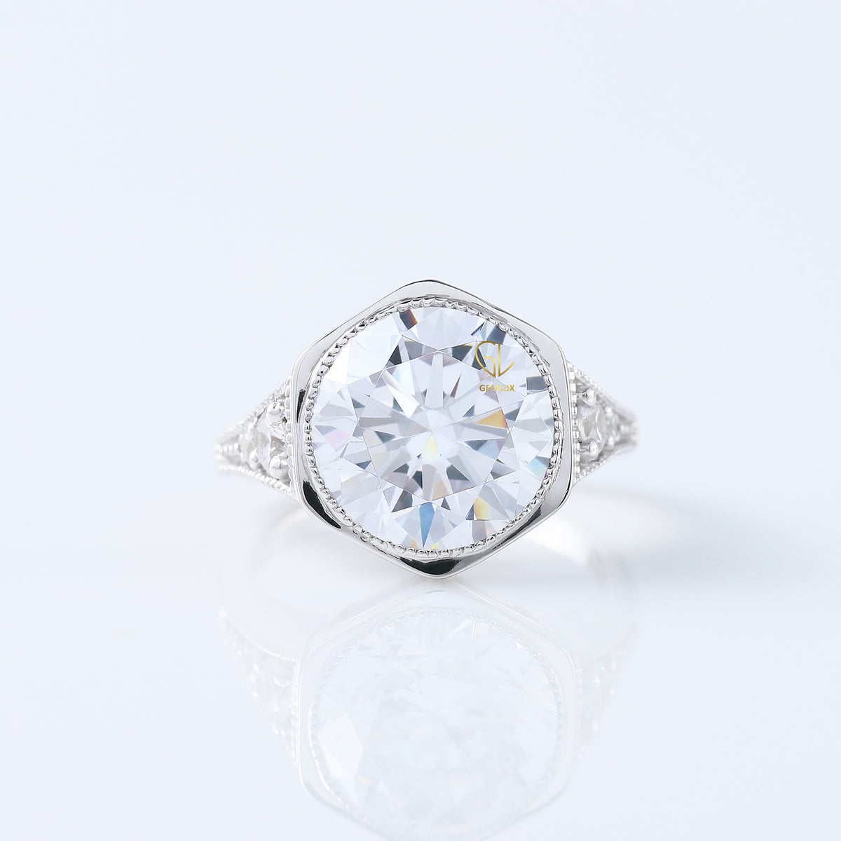IGI Certified Art Deco Round Cut Lab Grown Diamond Bezel Set Milgrain Engagement Ring