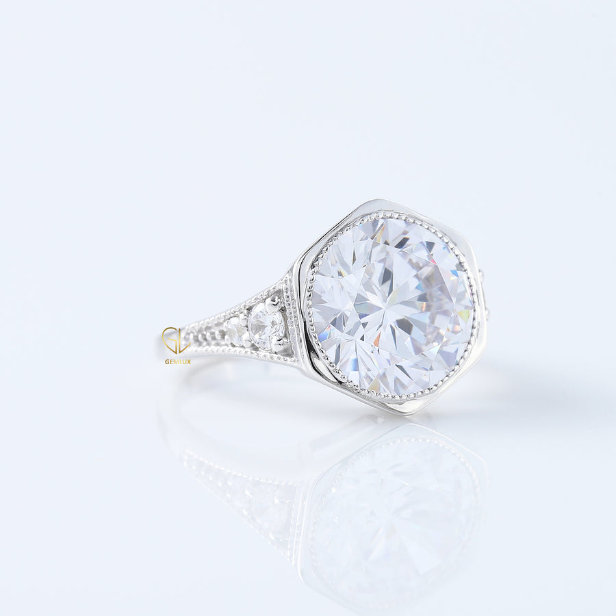 Bezel Set Round Moissanite Milgrain Art Deco Ring