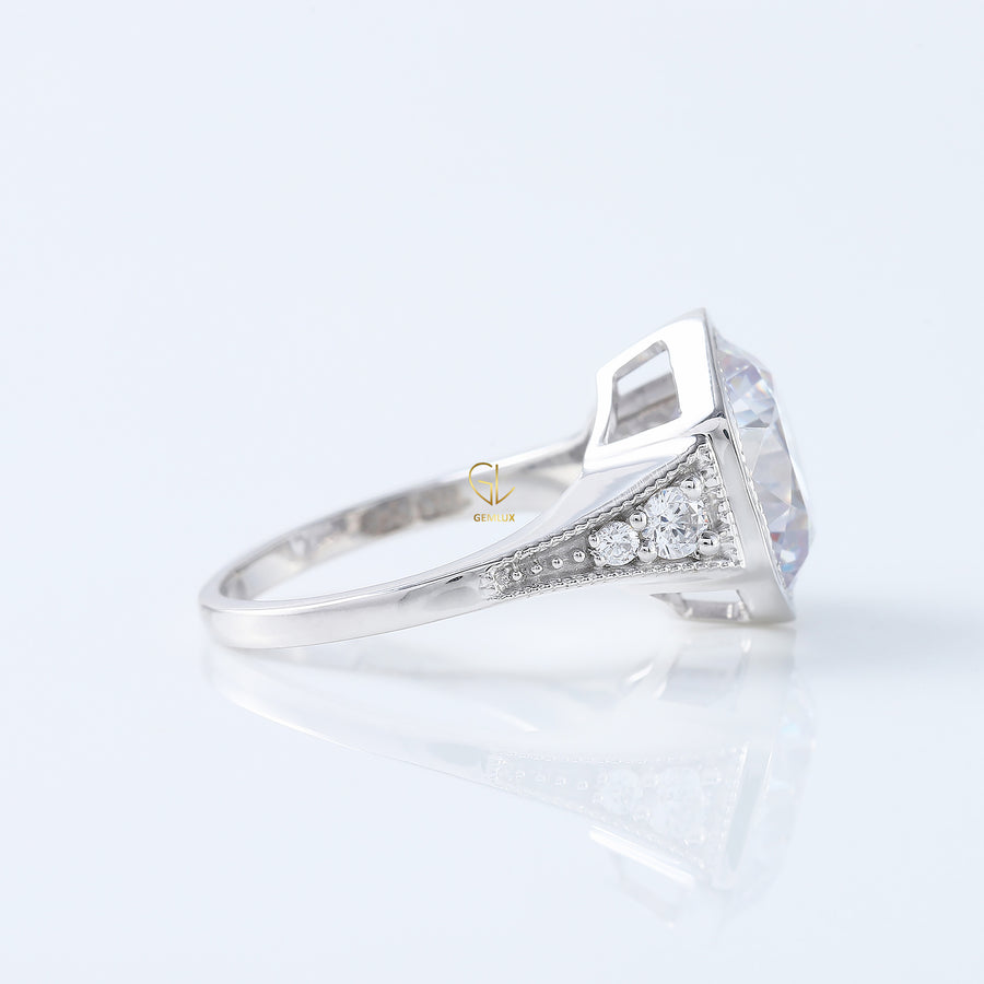 Bezel Set Round Moissanite Milgrain Art Deco Ring