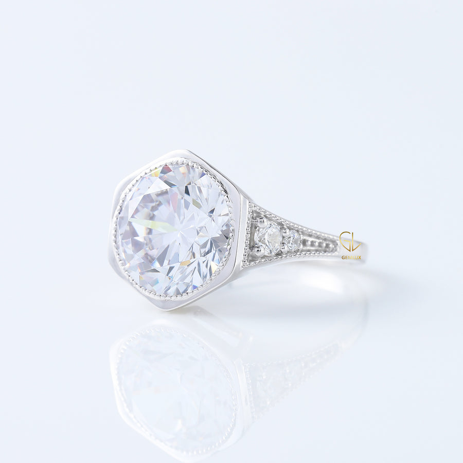 Bezel Set Round Moissanite Milgrain Art Deco Ring