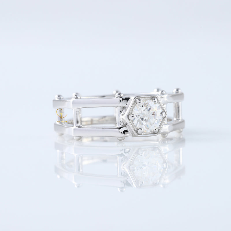 Round Cut Moissanite Diamond Hexagonal Rivet Solitaire Men's Engagement Ring