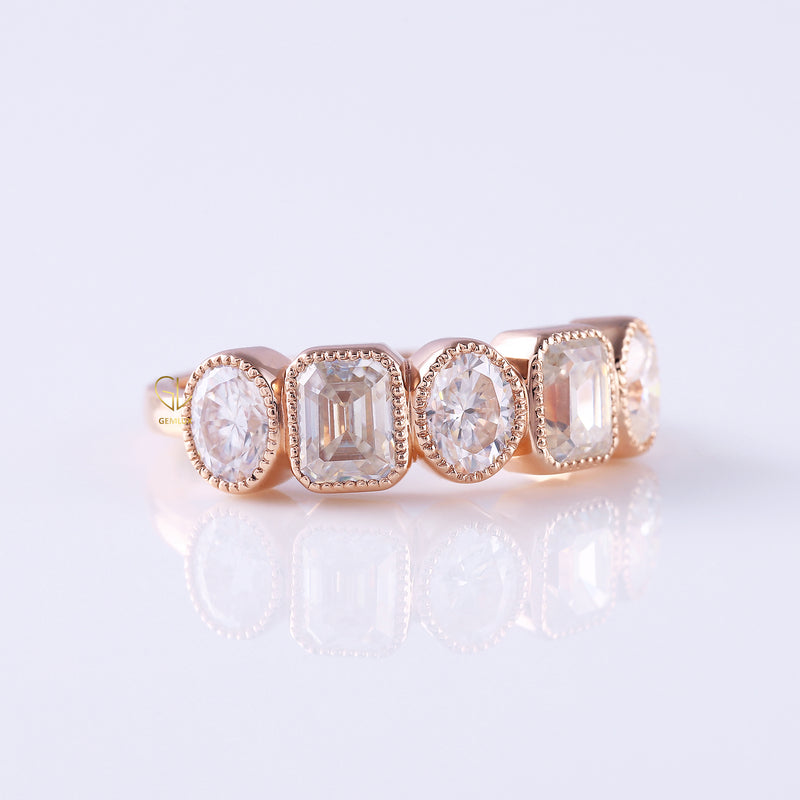 Five Stone Oval & Emerald Lab Diamond Wedding Band