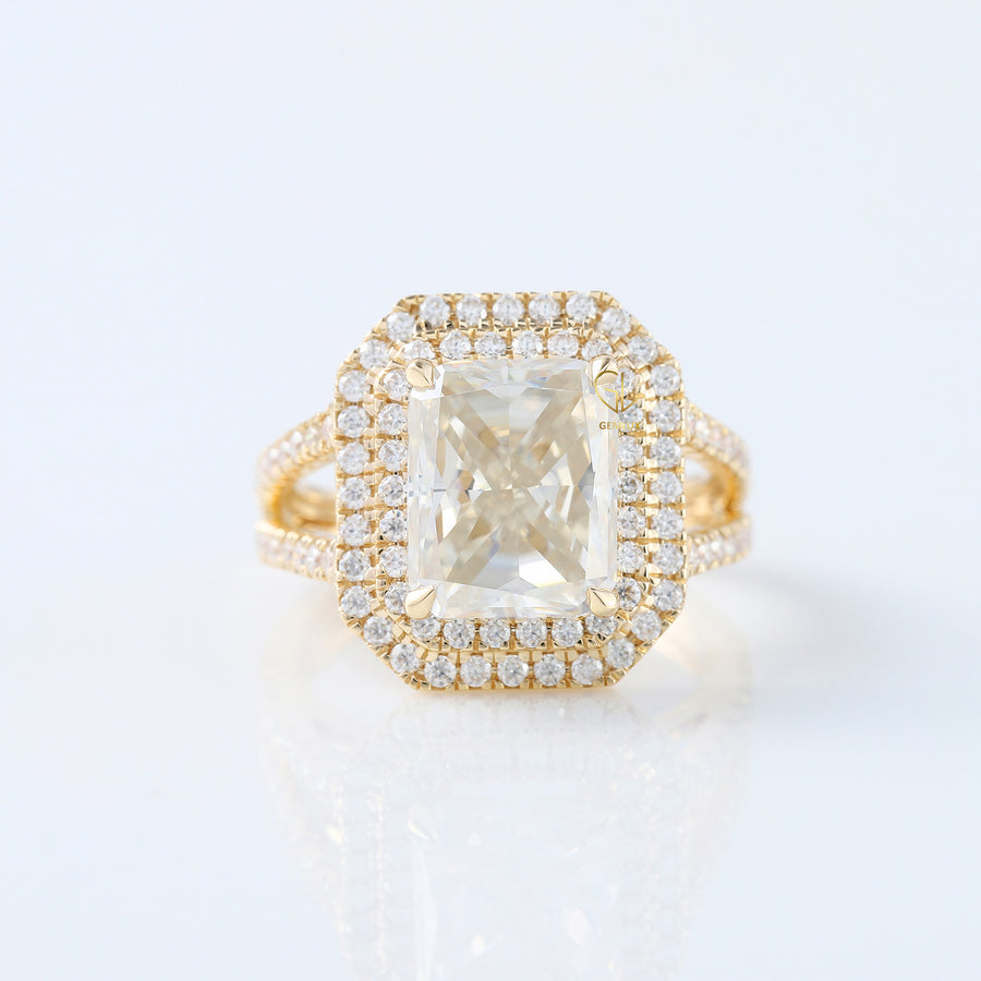 Radiant Cut Moissanite Double Halo Split Shank Ring