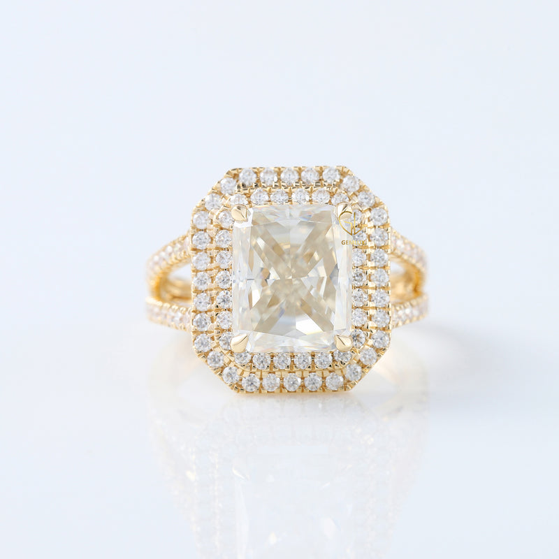 Radiant Cut Diamond Double Halo Split Shank Ring