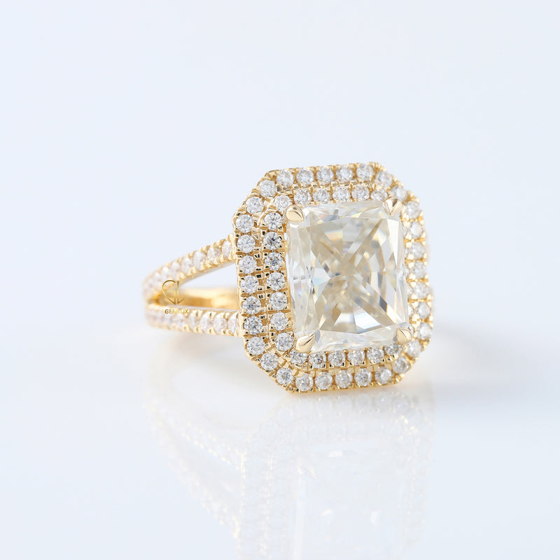 Radiant Cut Moissanite Double Halo Split Shank Ring