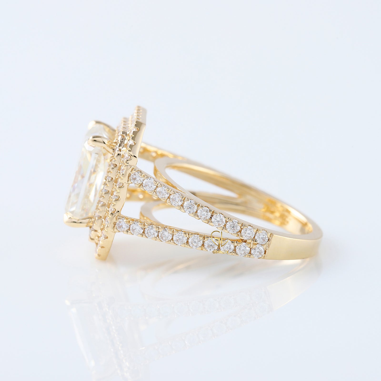 IGI Certified Radiant Cut Lab Grown Diamond Split Shank Double Halo Engagement Ring