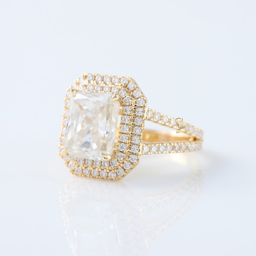 Radiant Cut Diamond Double Halo Split Shank Ring