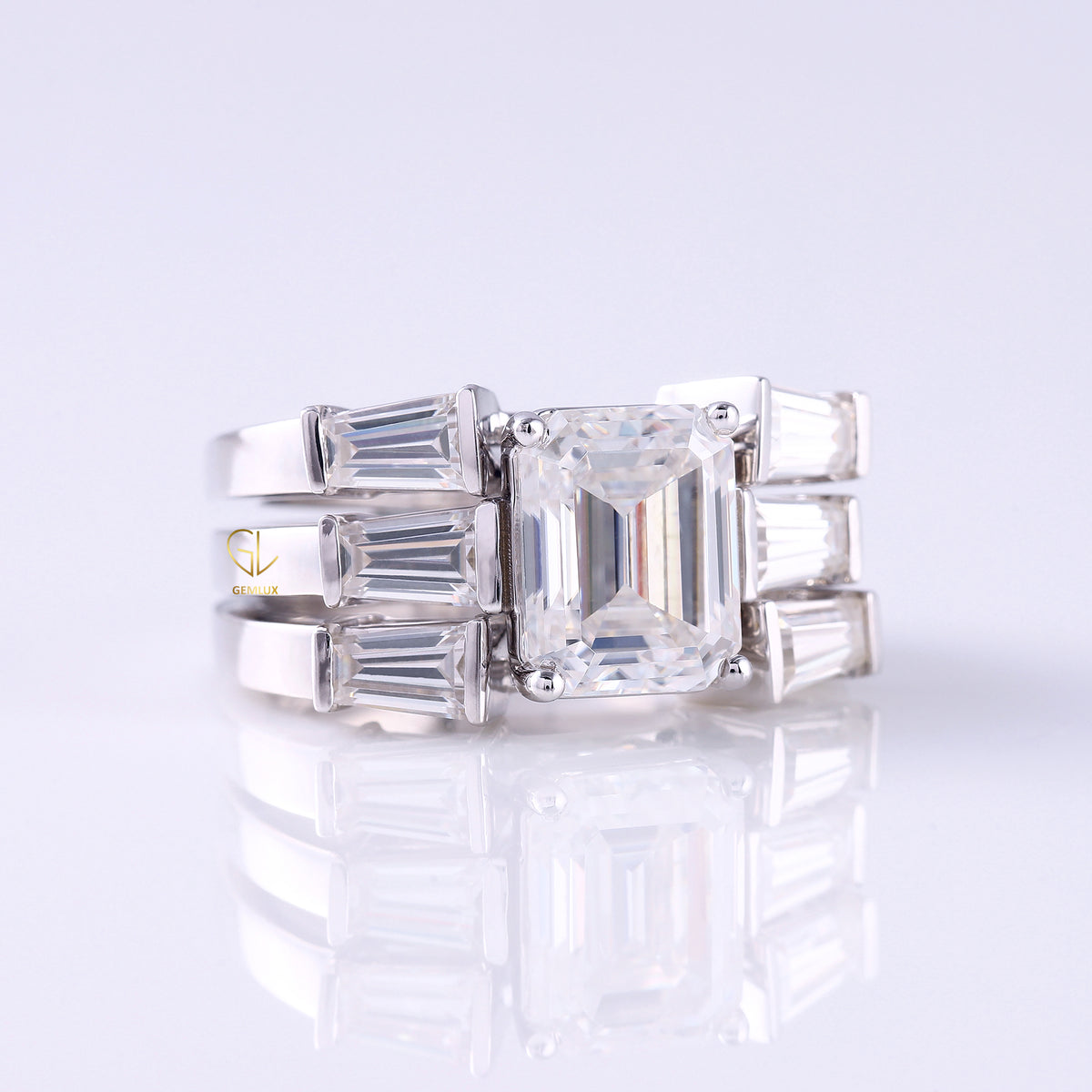 Three Stone Emerald Cut Moissanite Trio Ring Set