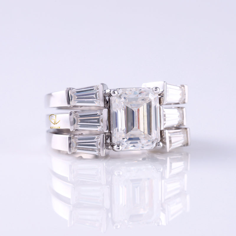 Three Stone Emerald Cut Moissanite Trio Ring Set