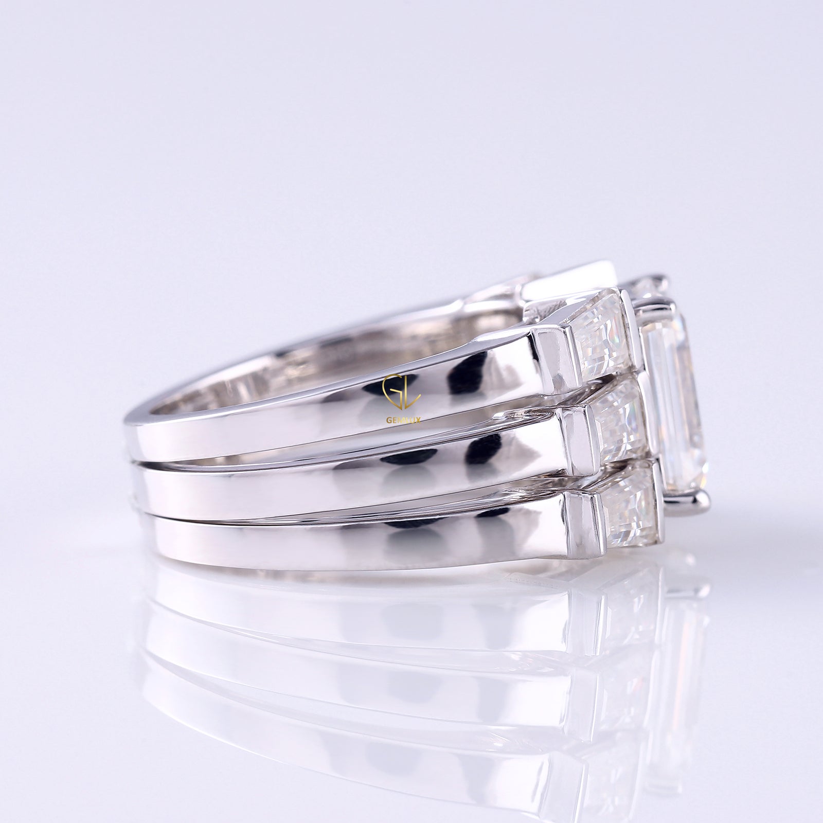 Three Stone Emerald Cut Moissanite Trio Ring Set