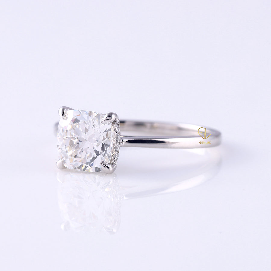 Cushion Cut Lab Grown Hidden Halo Solitaire Ring