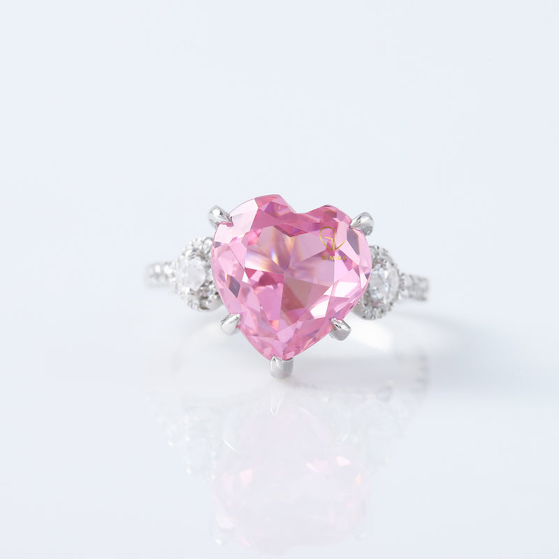 Pink Diamond Heart Cut Hidden Halo Three Stone Ring