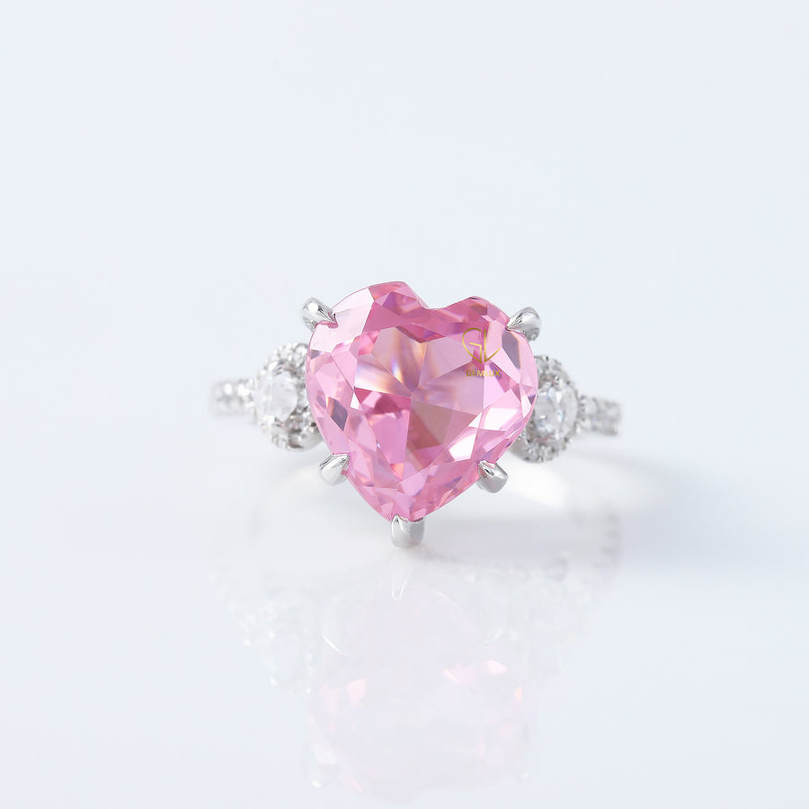 Pink Diamond Heart Cut Hidden Halo Three Stone Ring