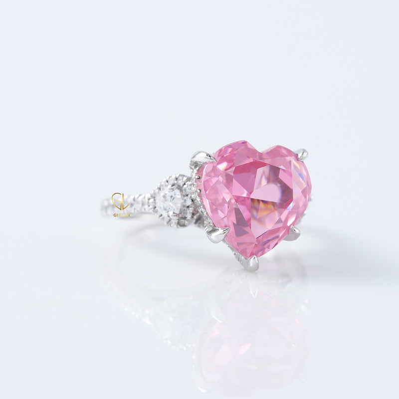 Pink Diamond Heart Cut Hidden Halo Three Stone Ring