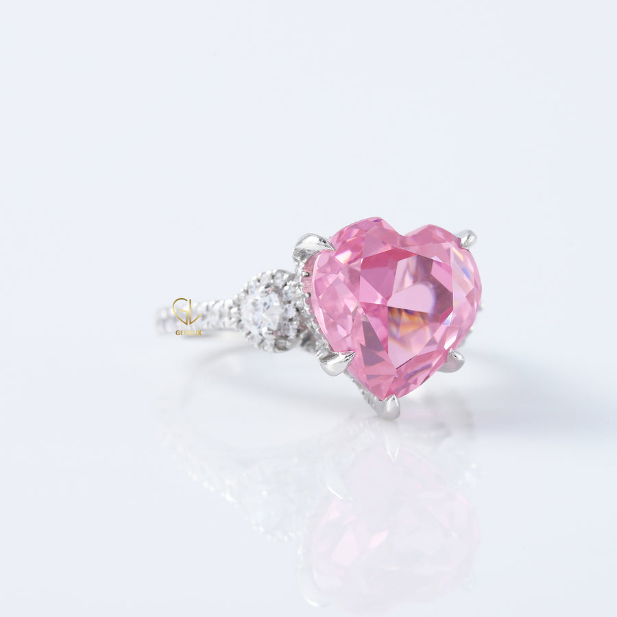 Pink Diamond Heart Cut Hidden Halo Three Stone Ring