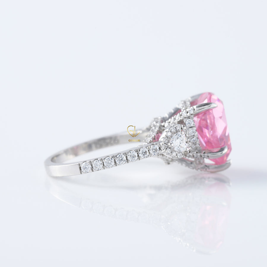 Pink Diamond Heart Cut Hidden Halo Three Stone Ring