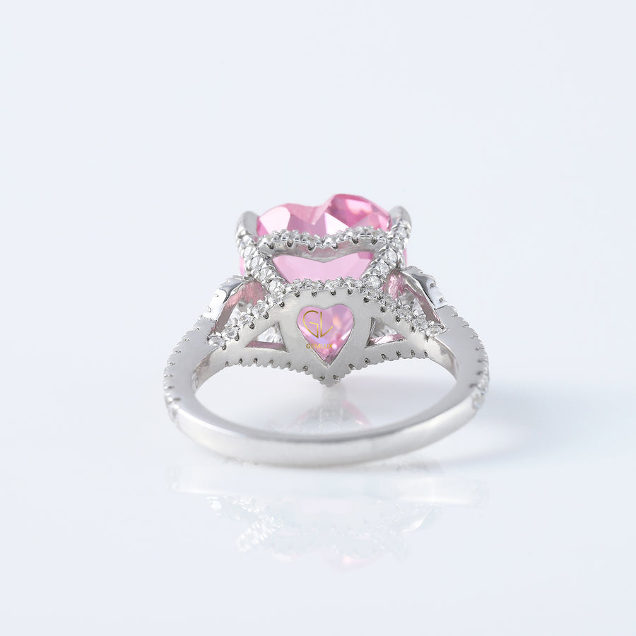 Pink Diamond Heart Cut Hidden Halo Three Stone Ring