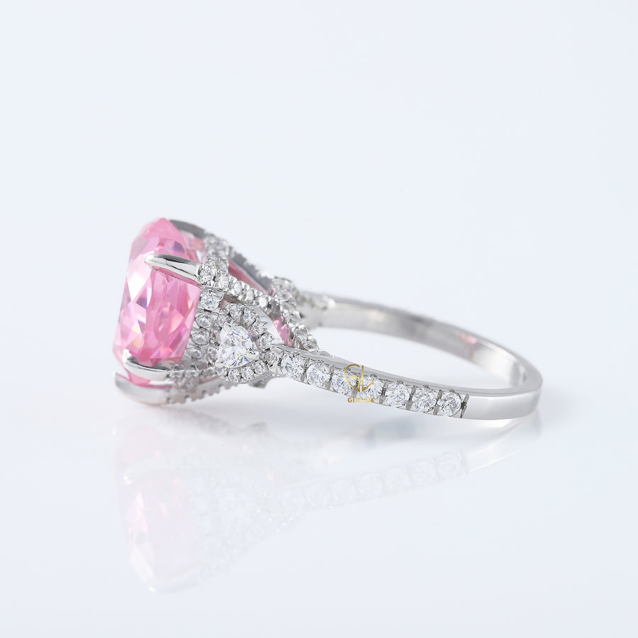 Pink Diamond Heart Cut Hidden Halo Three Stone Ring