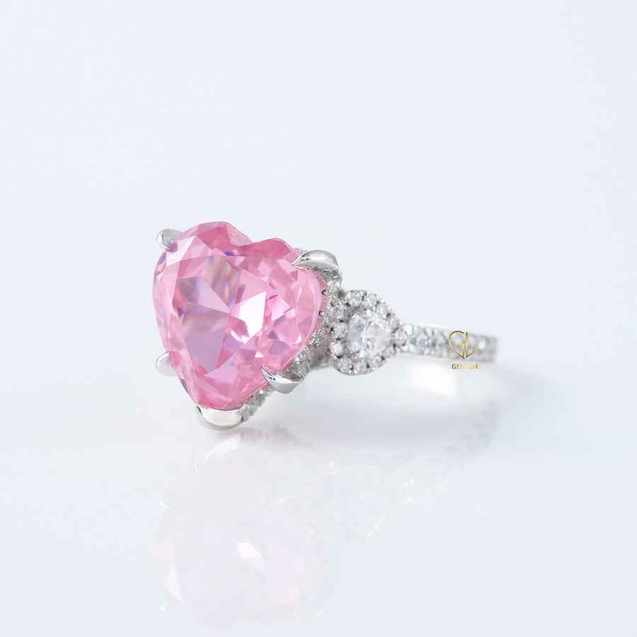 Pink Diamond Heart Cut Hidden Halo Three Stone Ring