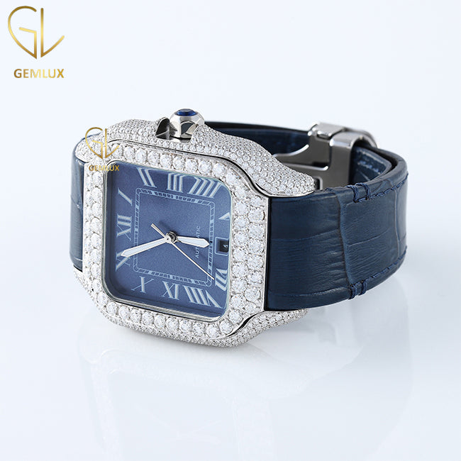 Roman Square Blue Dial Moissanite Diamond Leather Strap Watch