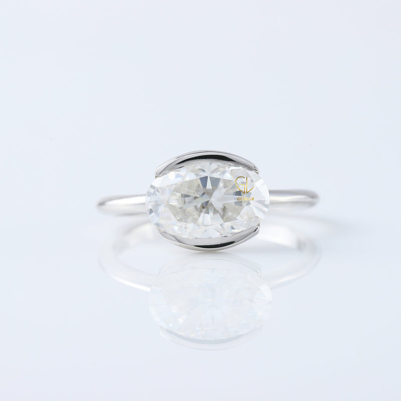 Oval East West Moissanite Half Bezel Set Solitaire Ring